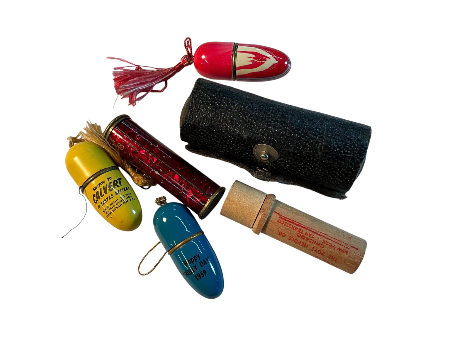 Lot of Needle/Thimble Cases: Lot of Needle/Thimble Cases- Six needle cases, including metal, wood, and leather examples. Most of the cases have their original contents- needles, thimbles, and small spools.