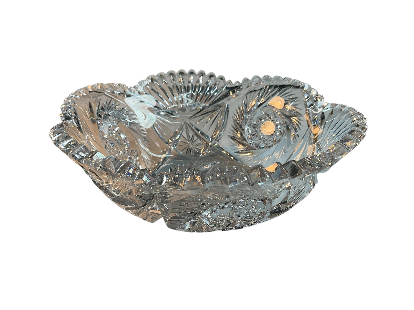 Antique Cut Glass Bowl: ABPCG (American Brilliant Period Cut Glass) Bowl. Unmarked, as far as we have been able to tell. There are at least two very small chips or abrasions on the sawtooth edge; otherwise in very good condi