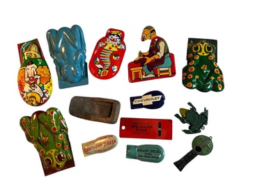 Vintage Lithographed Tin "Clicker" Toys, whistles.