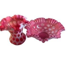 Fenton Cranberry Opalescent Coin Dot Bowl & Vase