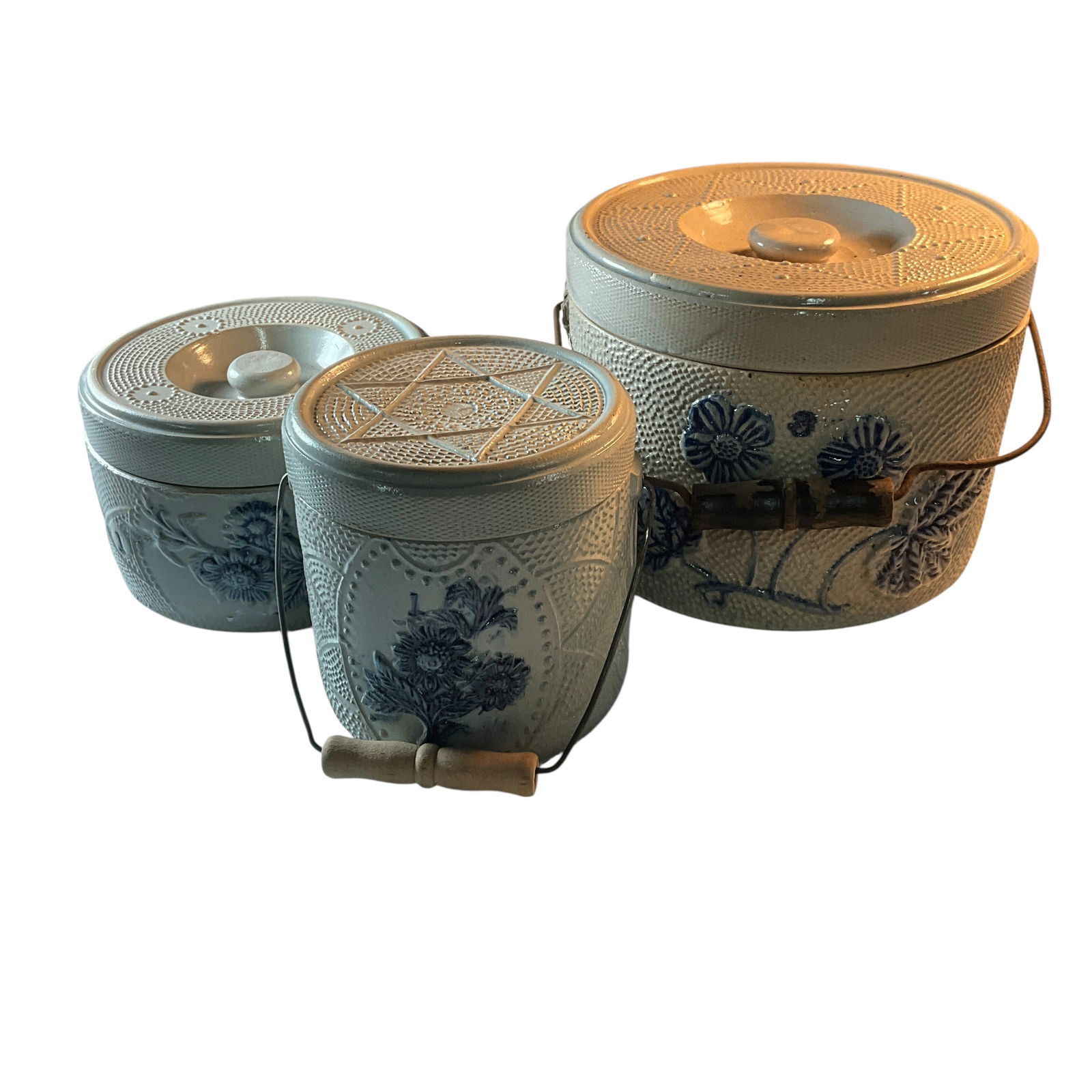 Three Salt Glazed Covered Crocks, Whites, Utica, NY: Three Salt Glazed Covered Crocks, likely Whites, Utica, NY. Three graduated crocks with bales (Medium size is missing bale) and lids. These are typical of the crocks made by Whites Pottery of Utica NY