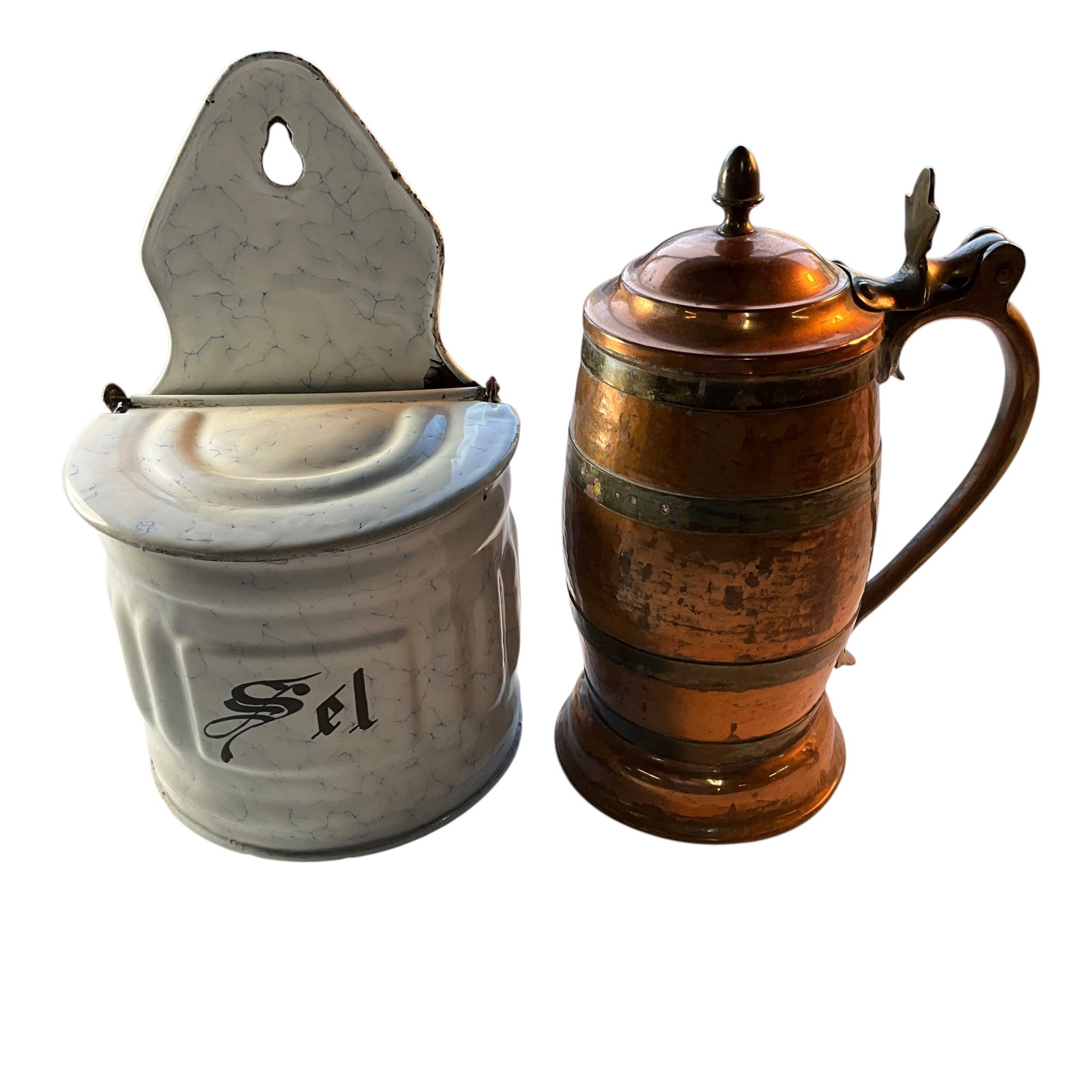 French Graniteware Salt Cellar and Copper Tankard (1 of 5)