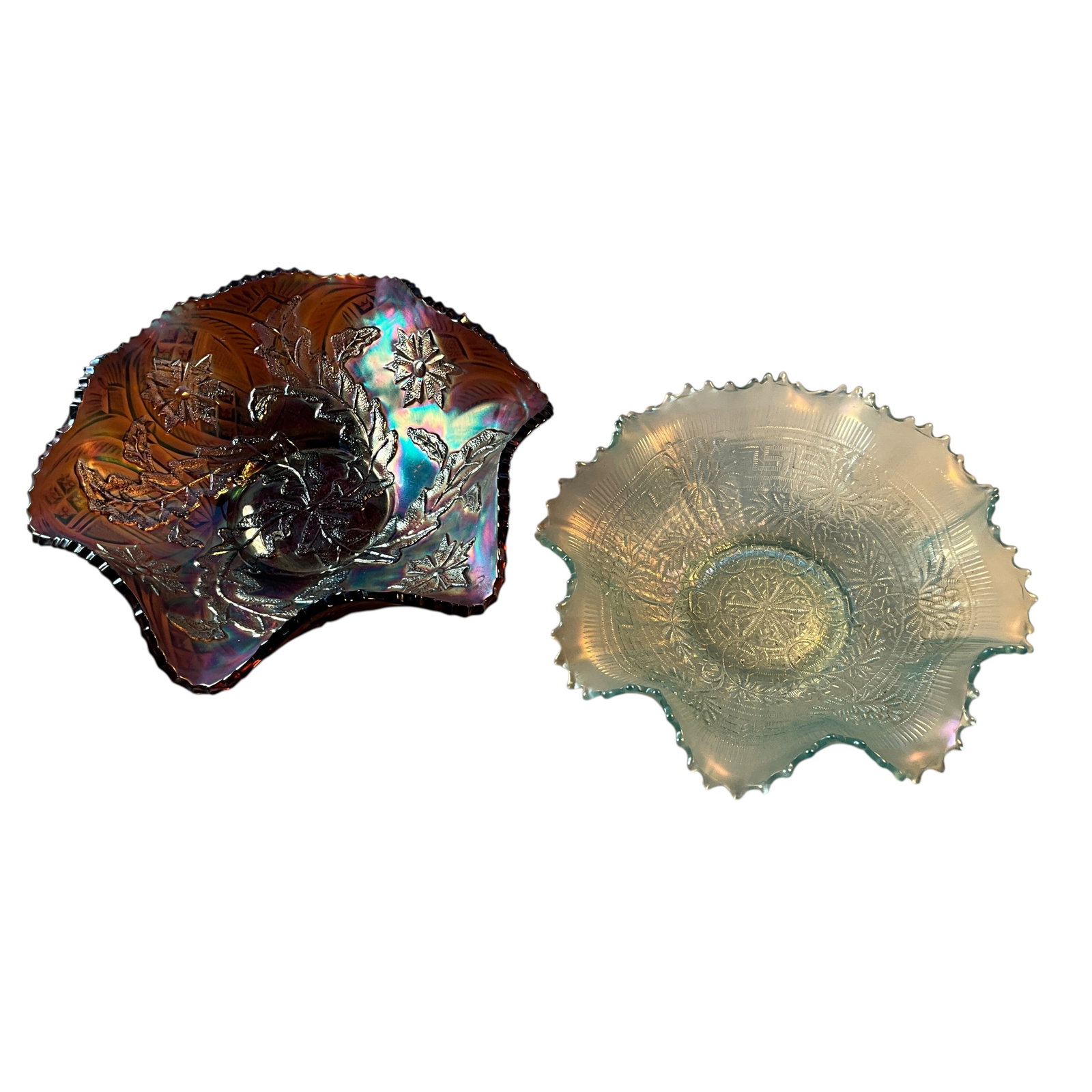 Pair of Carnival Glass Bowls: Pair of Carnival Glass Bowls- A 10" Diameter Millersburg amethyst in the Whirling Leaves Pattern, and a 9" Northwoods Ice Blue in the Embroidered Mums pattern.