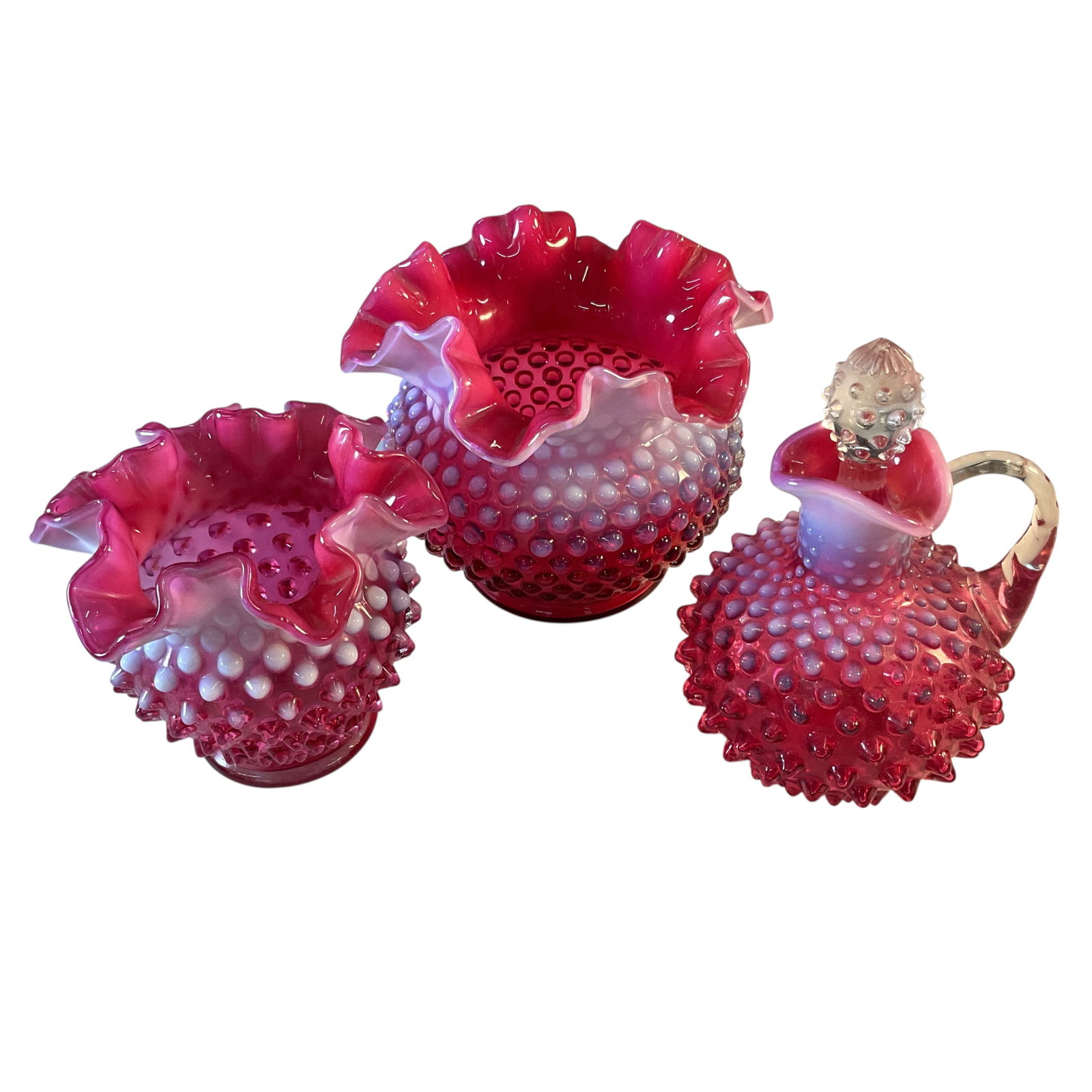 Lot of Three Fenton Cranberry Opalescent Hobnail (1 of 5)