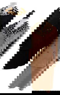 Vintage Business Ladies Suits: Pair of wonderful vintage suits from the 1960's. Black set is a herringbone weave jacket with whip-stitched fur collar (could be removed) and a black pencil skirt. The camel brown set is has a