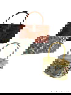 Vintage Handbags: Collection of three vintage hard side hand bags.1950's Lucite Tortoise Shell. 1950's Lucite box purse with gold cage and floral details. Gold tone compact purse (Minaudiere) with Mother of Pearl