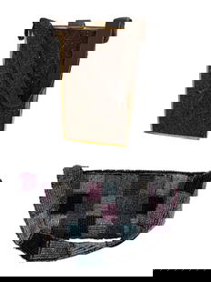 Vintage Beaded Bags: Gold framed Tyrolean micro-beaded bag, very lovely. Square patterned beaded bag from India in shades of grey, purple and black.