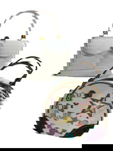 Vintage White Leather Bags: Supreme white leather bag from the 1960's, with an embossed alligator pattern. Dooney & Bourke Y2K Bowling Ball handbag, which was part of a collaboration with Lindsay Lohan.