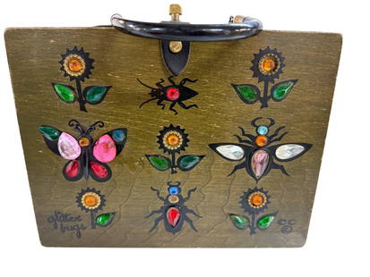 Enid Collins "Glitterbugs" Box Bag: Enid Collins was a Texas-based American handbag designer known for creating whimsical, jewel-embellished box purses and tote bags during the mid-20th century. Very nice bag in great condition. Signed
