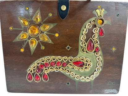 Enid Collins "Golden Cockerel" Box Bag: Enid Collins was a Texas-based American handbag designer known for creating whimsical, jewel-embellished box purses and tote bags during the mid-20th century. Very nice bag in great condition. Signed