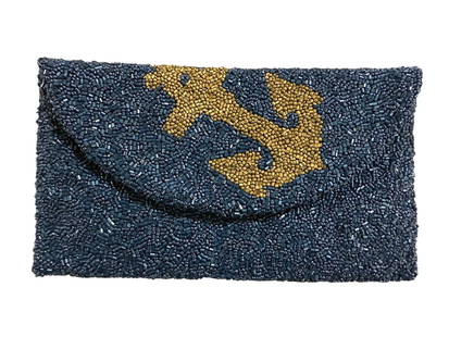 Beaded Moyna Clutch Bag: Heavily beaded bag adorned with an anchor motif. Also has strap for carrying and comes with dust bag.