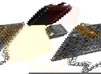 Collection of Vintage & Modern Bags: Gold chain over gold Paco Rabanne for Walbarg bag from the 1960's. Modern House of Harlow studded clutch with optional chain strap. French gold metal compact purse.