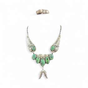 Sterling and Malachite Native American Necklace and Sterling Earrings