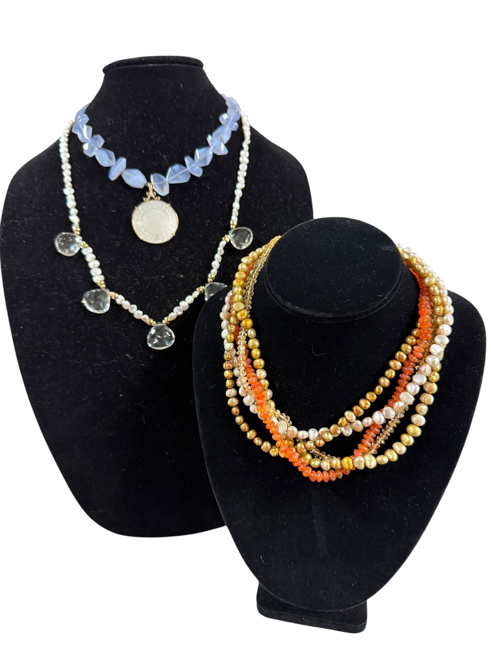 Collection of Necklaces: Lavender Chalcedony Necklace with a removable pendent of 14kt YG and an iridescent disk bearing the initial R. Freshwater white pearls strung on wire, with gold beads and faceted crystal/glass teardro