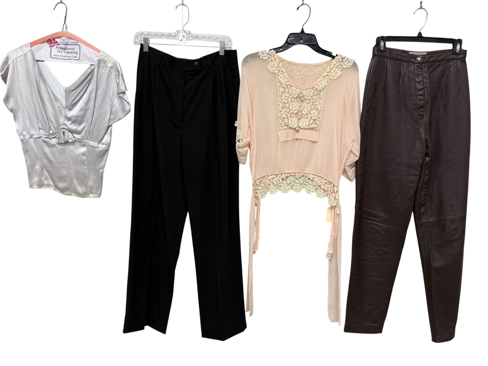 Vintage Clothing: Abelene Original Blouse in pearl grey. Modern French wool pants by Bernard Zins. Valerie Stevens leather pants. Beautiful sheer and lace top from 1915.