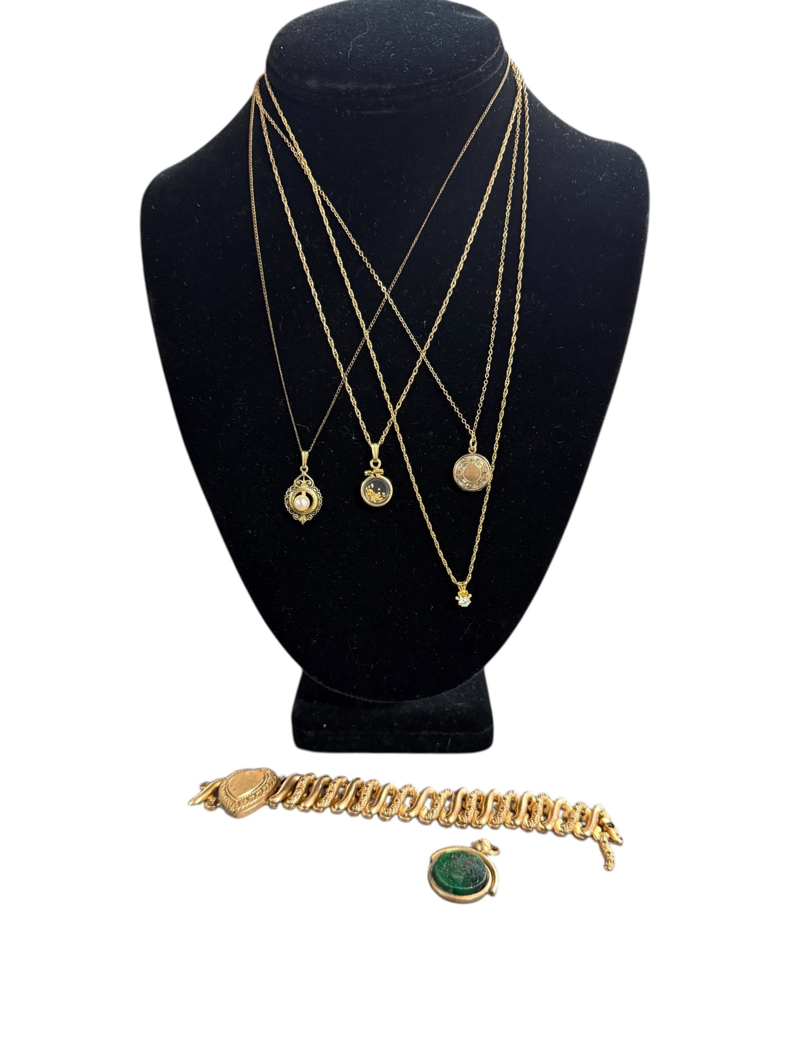 Collection of Gold Filled Jewelry: Four GF necklaces, pendants include real pearl, faux diamond, GF locket and what may be real gold flakes? 4H pin, GF. GF Heart locket bracelet (broken). GF watch Fob weight.