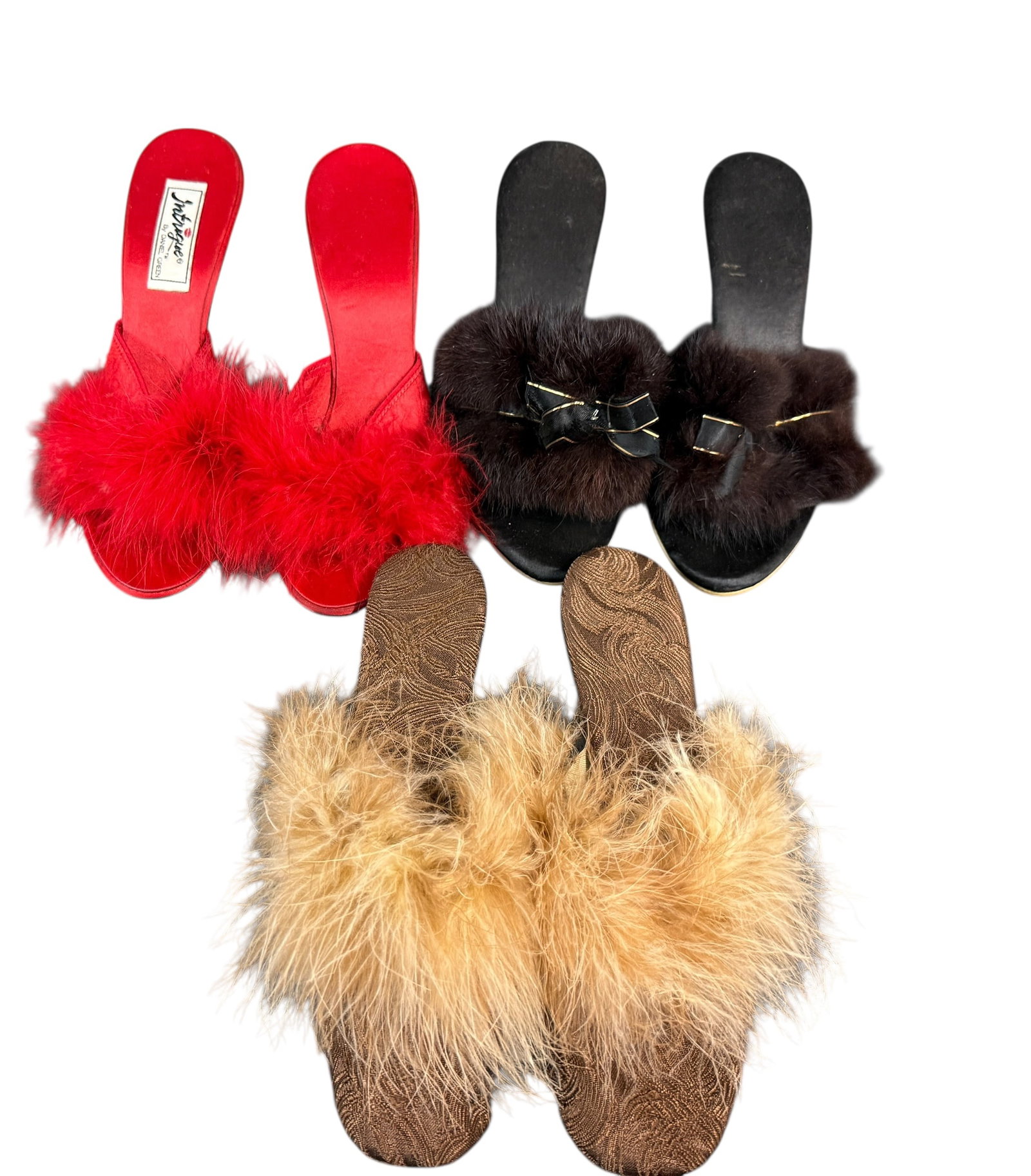 Vintage Glamour-Feathered Mules!: Three pair of vintage feathered mules for boudoir wear! Super Lux!