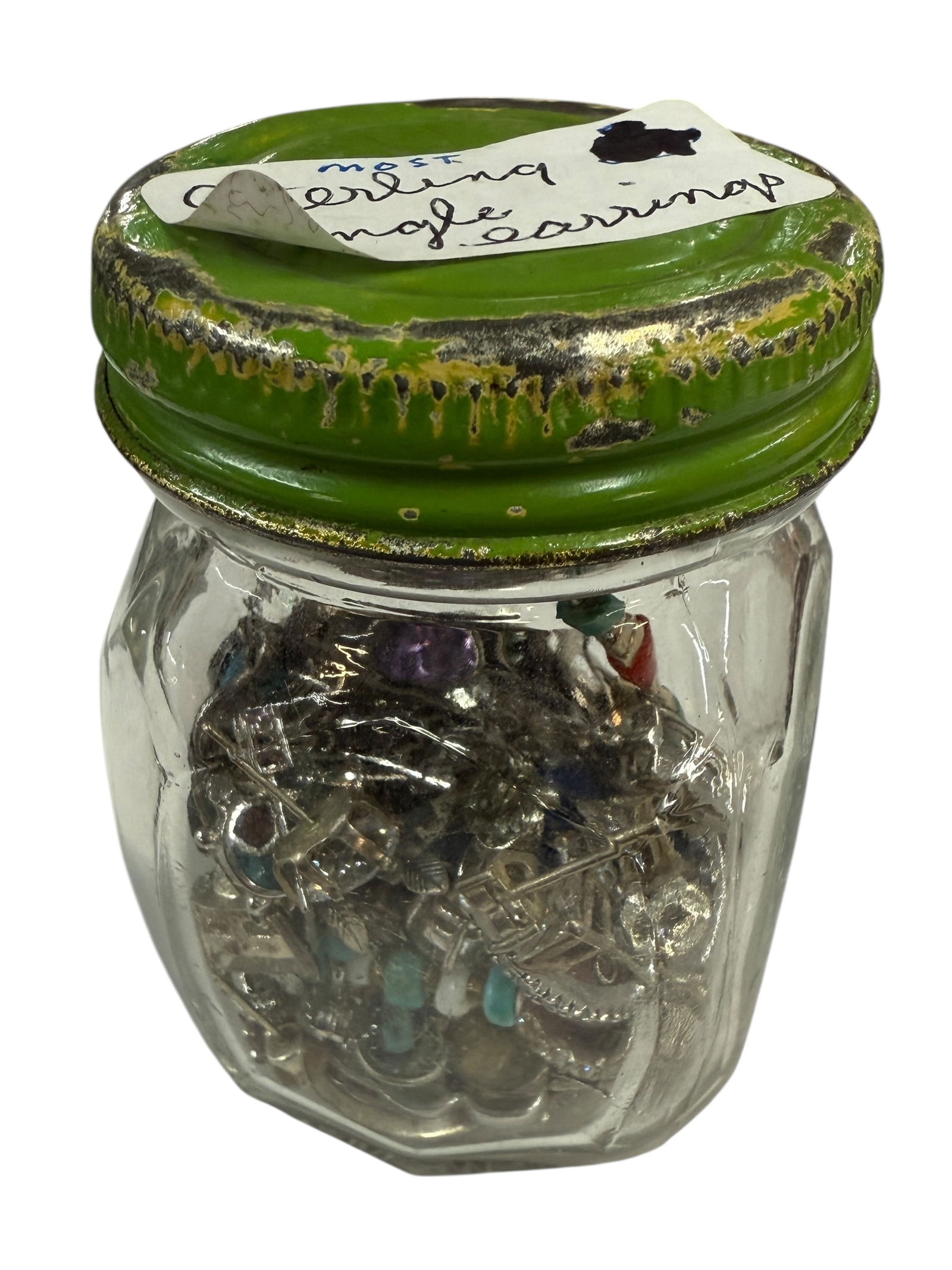 Jar of Single Earrings-Sterling: Great Collection of Single Sterling earrings. Lots to work with-Turquoise, Coral, Crystal and more.