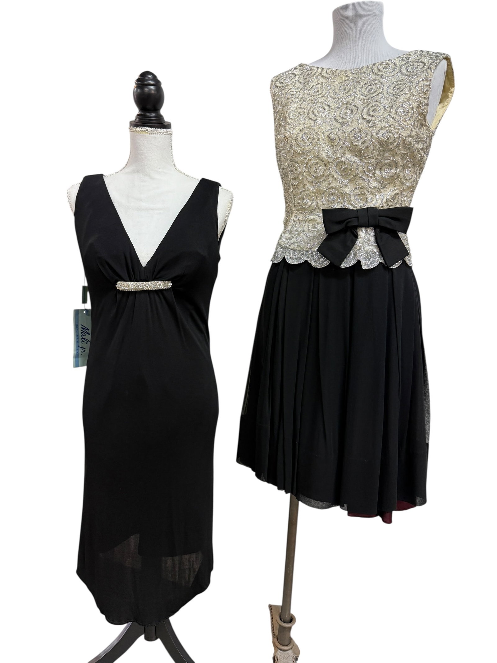 Two Vintage Party Dresses: Black with Rhinestone by Mali Jr.. Pretty Black, White with Silvery embroidery. Very sweet dress.