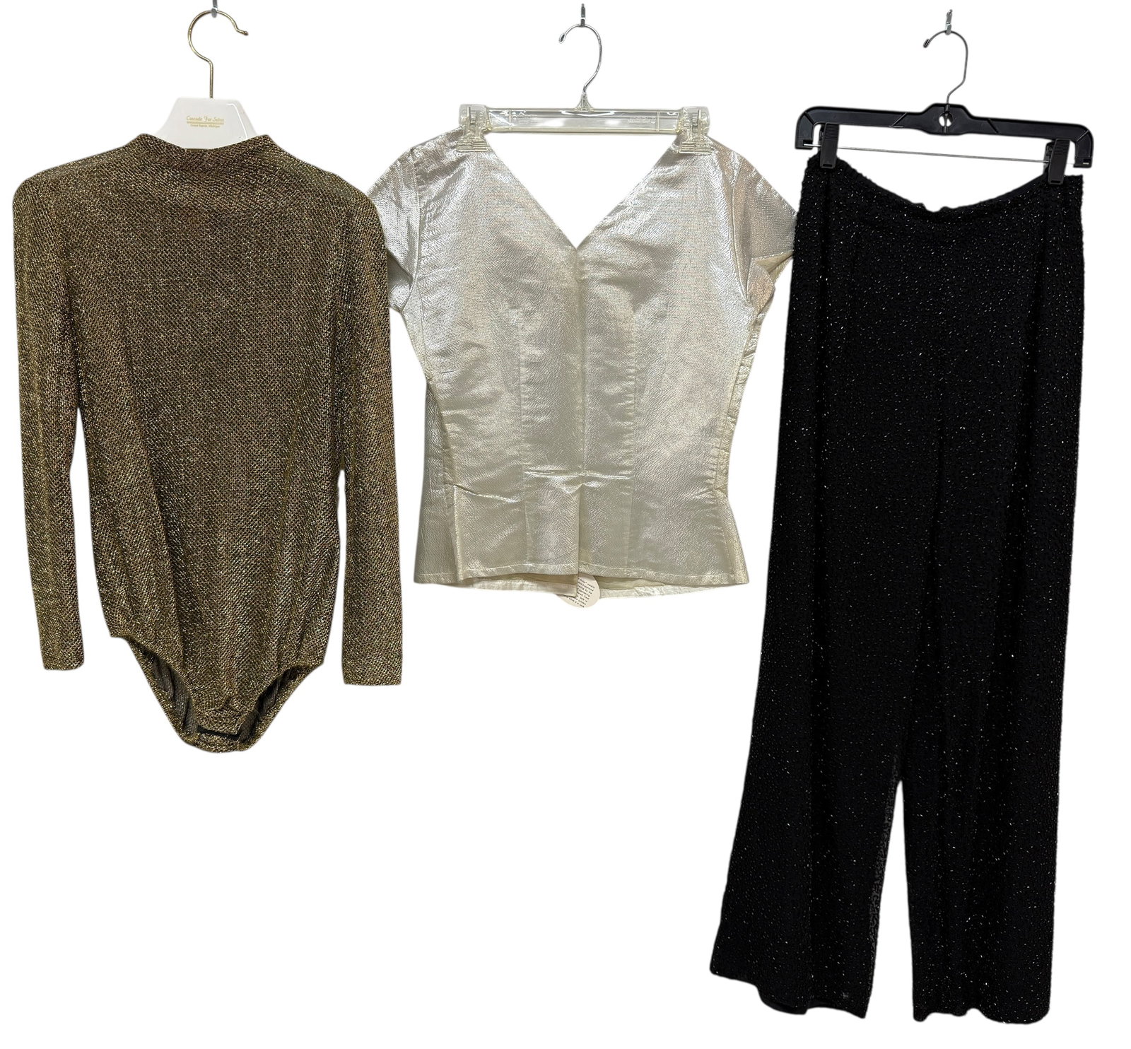 Funky Fuin VIntage Clothes: Gold and Black Bodysuit top. SIlver Mylar Blouse and WIde leg Beaded trousers