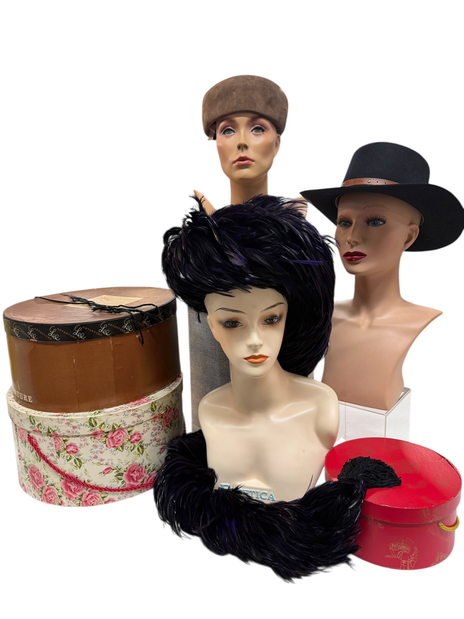Wonderful Collection of Hats & Boxes: Brands Include Akubra and Kokin. Check out the Purple Hat with the built in feather tail.