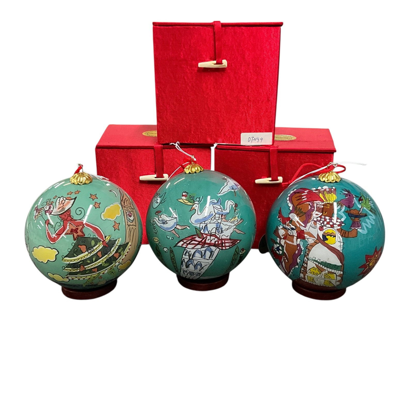 12 Days of Christmas Bulbs: Inside glass painted Christmas bulbs based on the 12 days of Christmas. This lot is three bulbs.