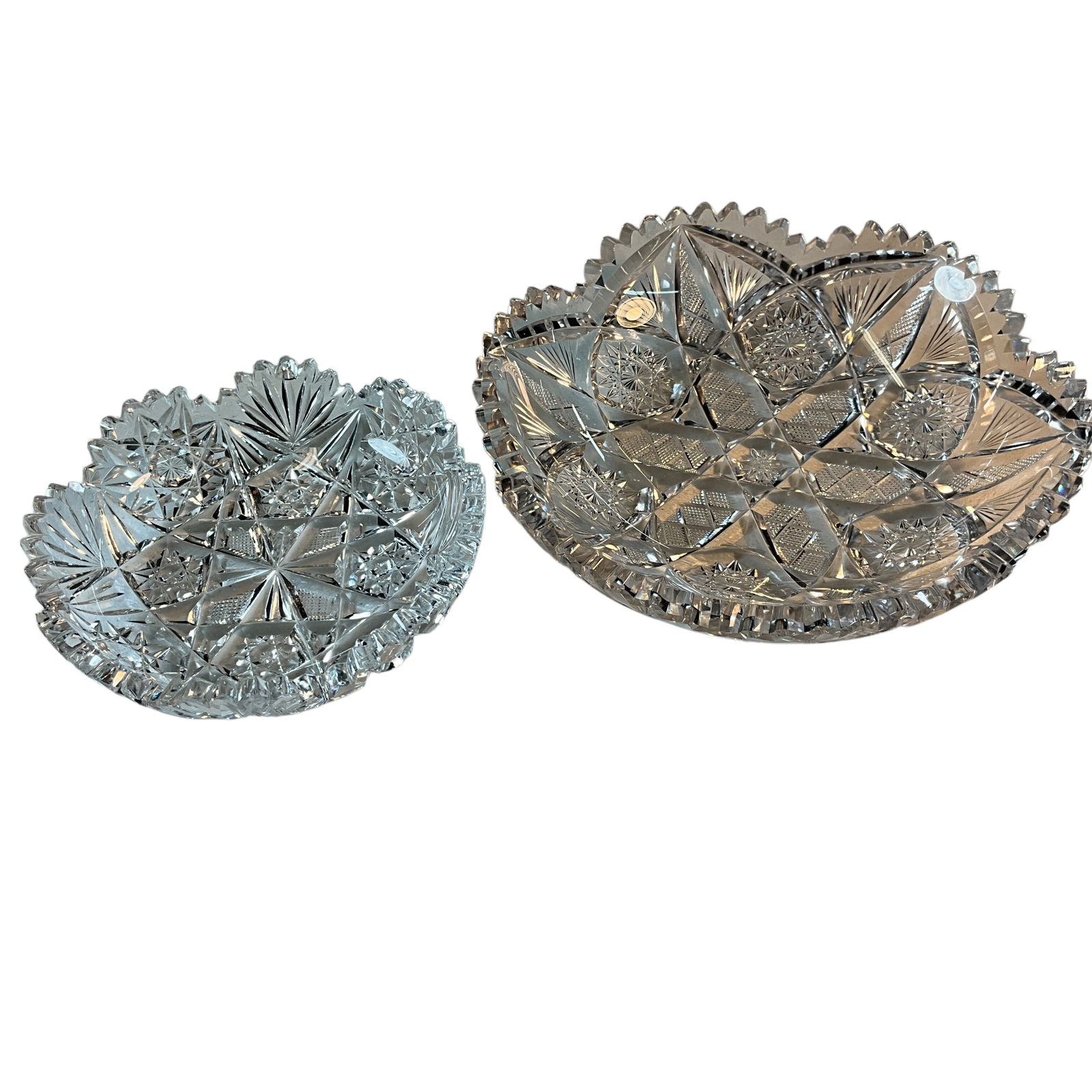Two Signed Antique Cut Glass Dishes- Hawkes & Libbey: Two Signed Antique ABPCG Dishes- Hawkes & Libbey. Two great examples of American Brilliant Period Cut Glass. Both have sawtooth rims. The 7" diameter Libby is the larger of the two, and has an outer r
