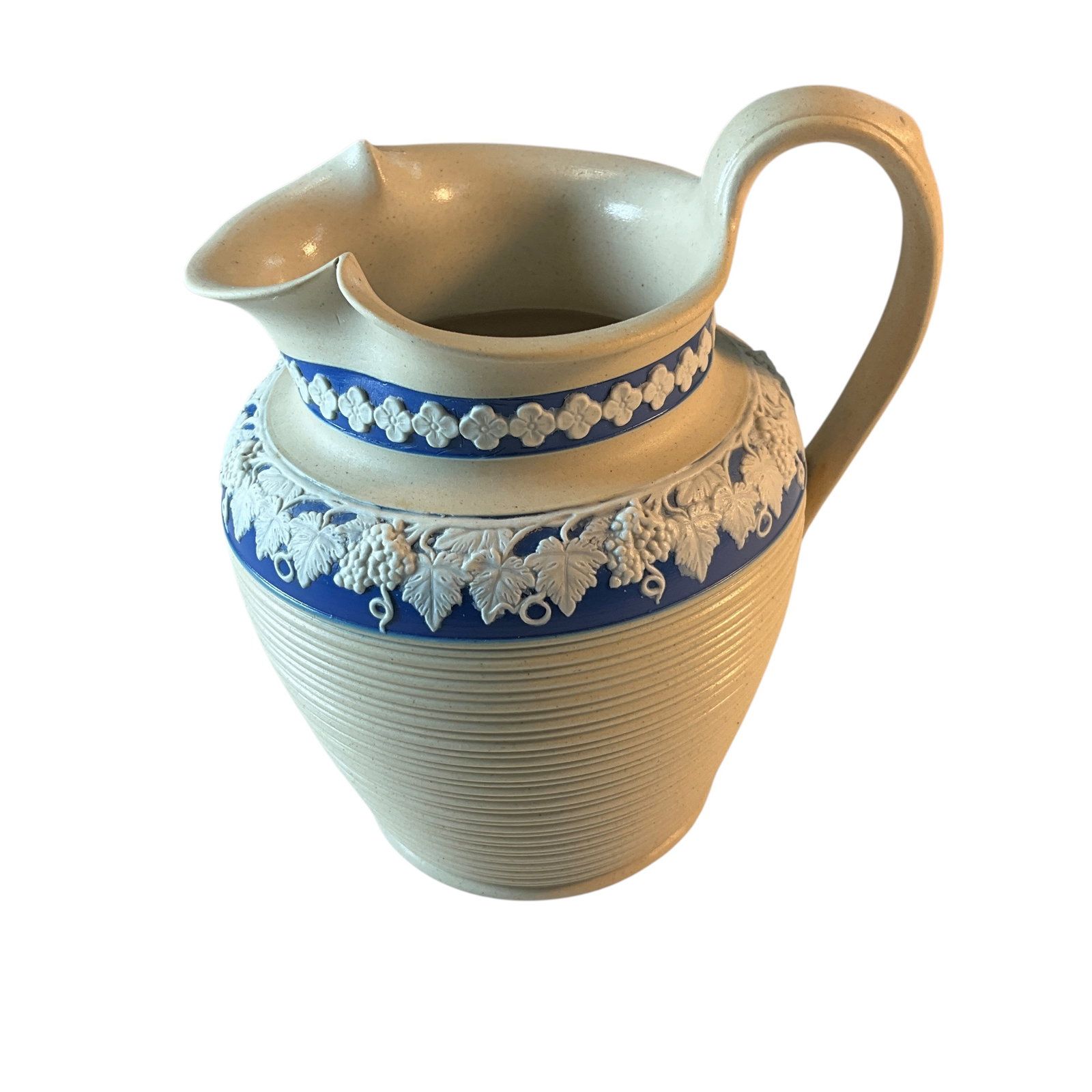 Charles Bourne Chrysanthemum Factory Pitcher, Circa 1815.: Charles Bourne Chrysanthemum Factory Pitcher, Circa 1815. Reeded body with blue band and white sprigged grapevine decoration. Beautiful Wedgwood style pitcher in great condition.