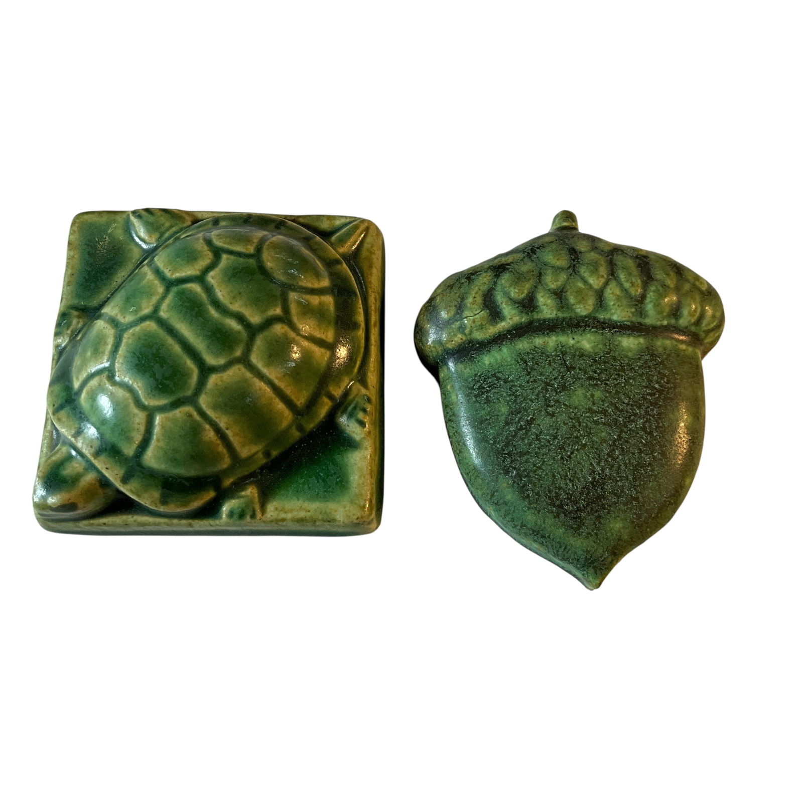 Pewabic, Whistling Frog Art Tiles: Pewabic, Whistling Frog Art Tiles. A Pewabic Turtle tile and a whistling Frog Acorn, both in nice shades of green.