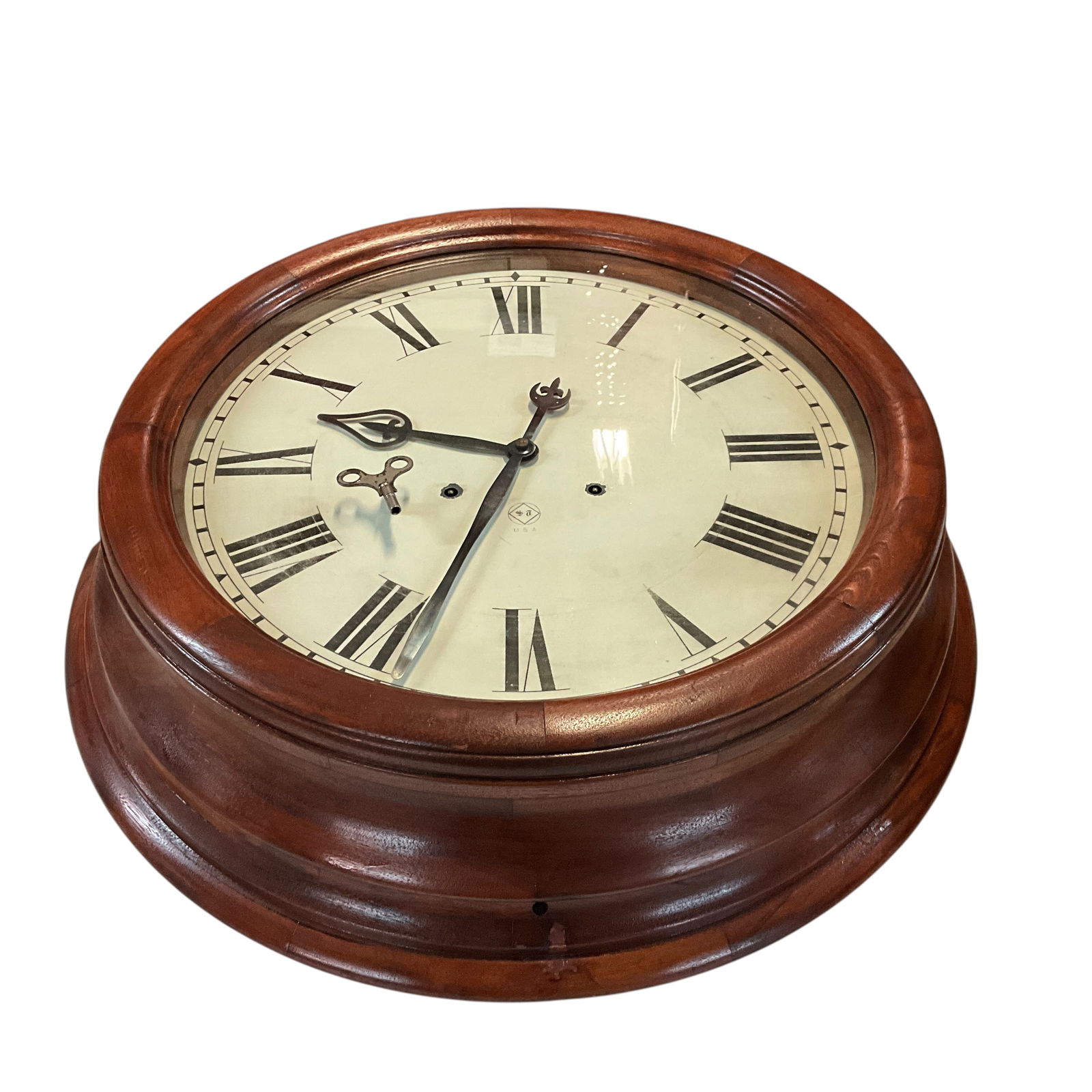 Huge Seth Thomas Institutional Wall Clock: Huge Seth Thomas Institutional Wall Clock. Likely used in a school or commercial building. Case is hinged at the top to lift for winding/setting. Approx. 25.25" in diameter, with an 18" face. Face mar