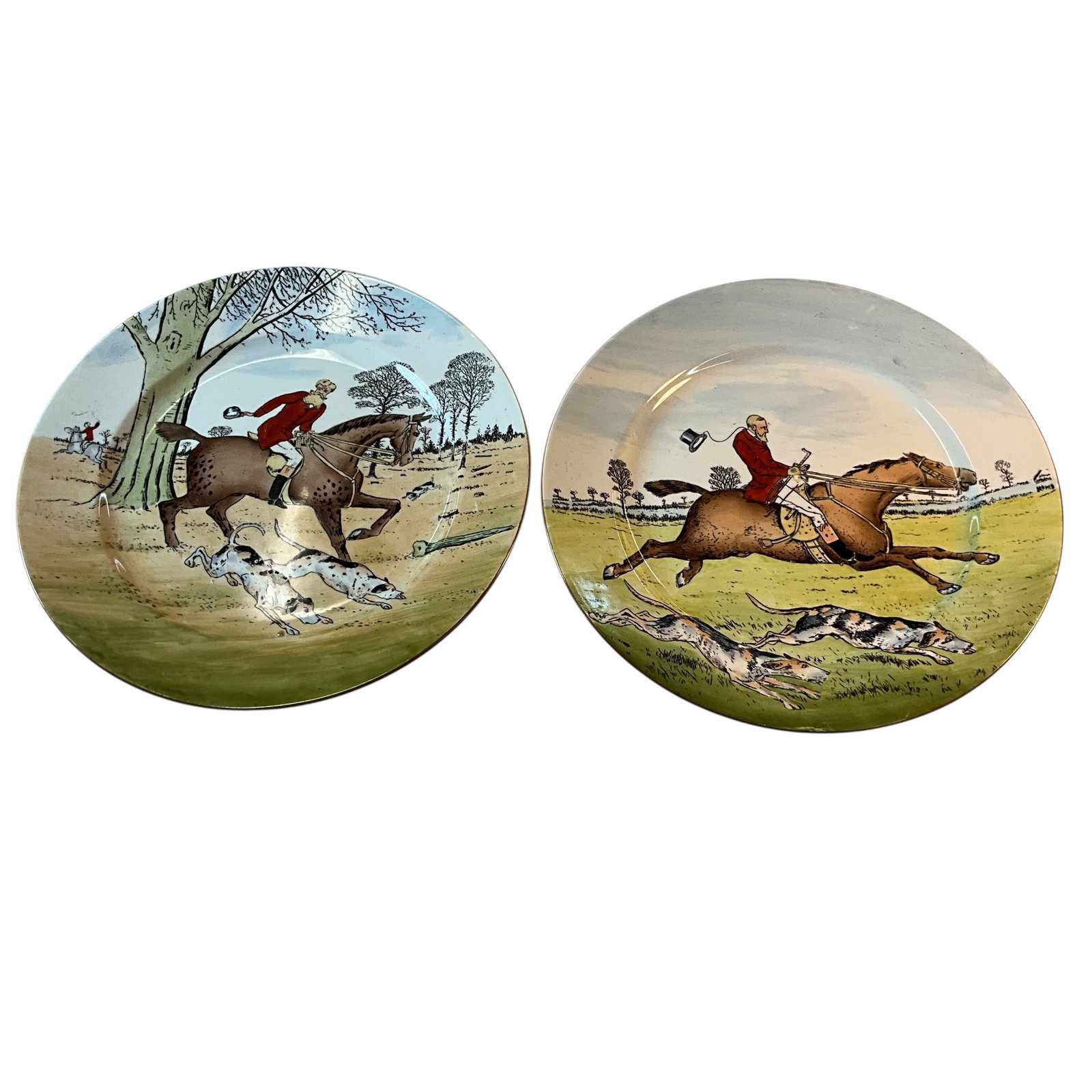 Pair of Cauldon England Sporting Plates- Fox Hunting: Pair of Cauldon England Sporting Plates- Fox Hunting. Produced around the late 19th or early 20th Century, depicting mounted fox hunters with hounds. Marked "Cauldon England" on back.