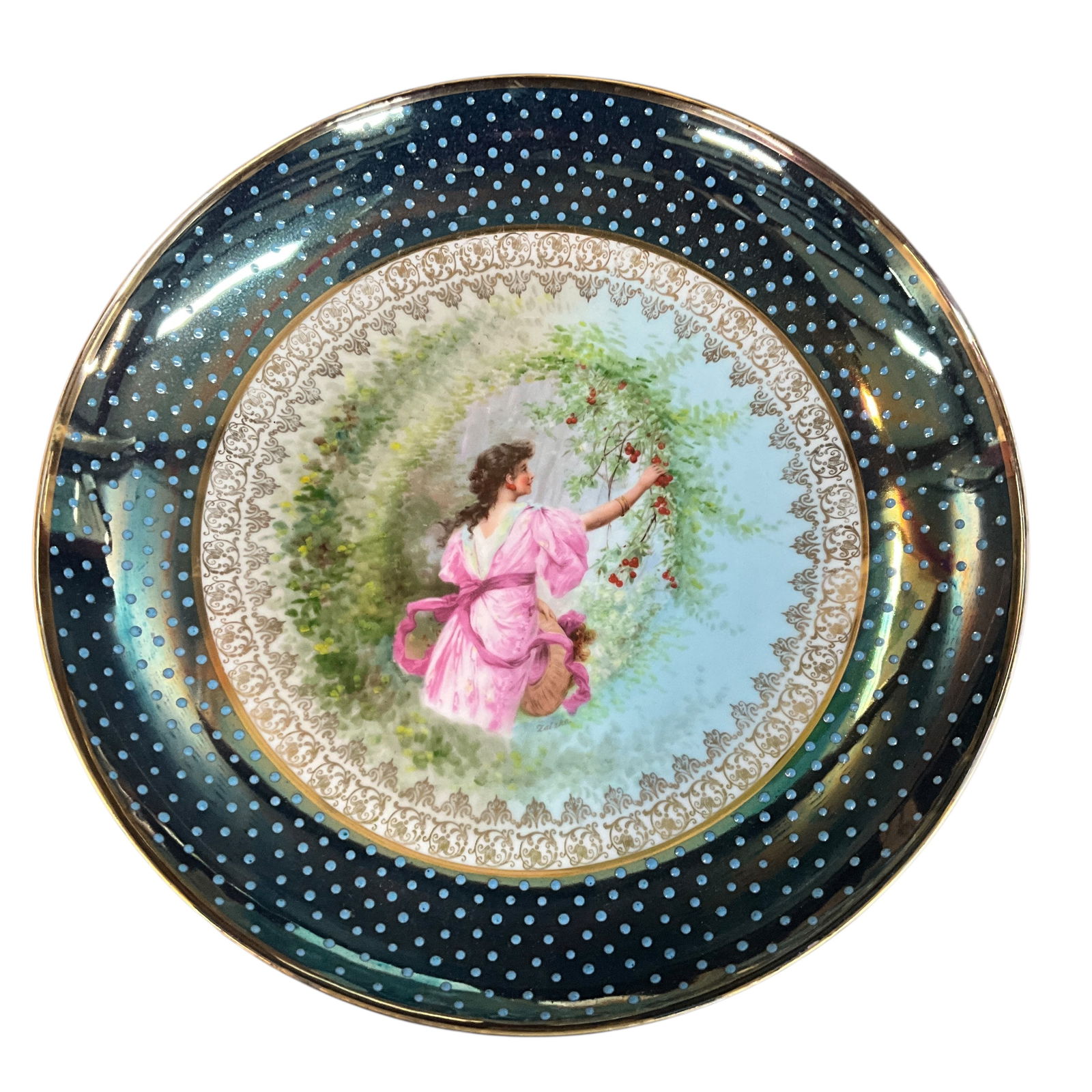 Royal Vienna Hand Painted Charger: Royal Vienna Hand Painted Charger. A great 13.5" charger with a hand painted central scene of a lady picking cherries. Royal Vienna Shield (Beehive) mark on back. A few light scuffs or abrasions on th