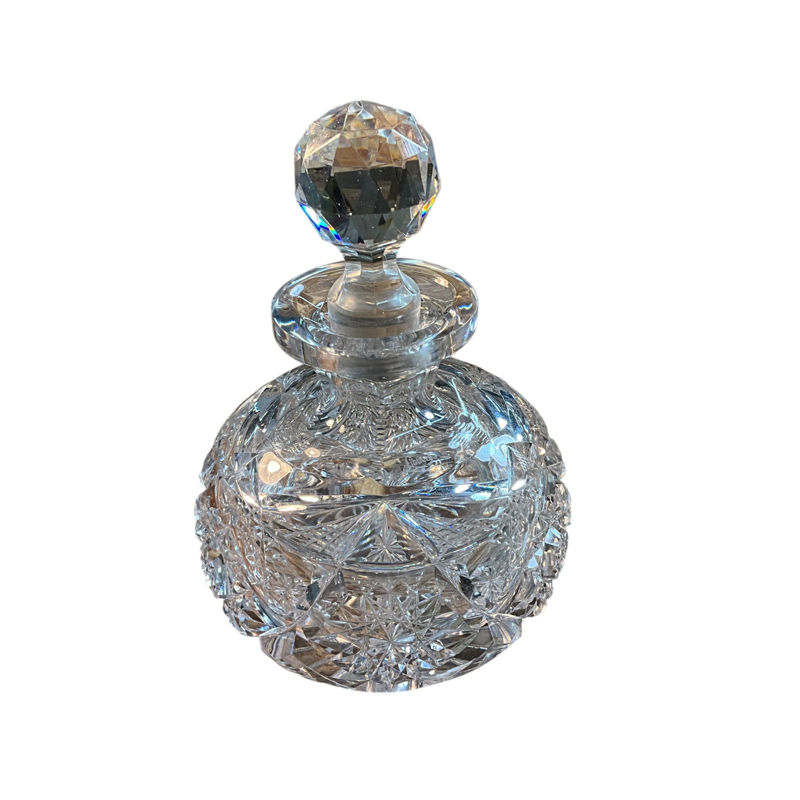 Signed Libbey Cut Glass Decanter: Signed Libbey Cut Glass Decanter. Small decanter is approx. 7" high with stopper.