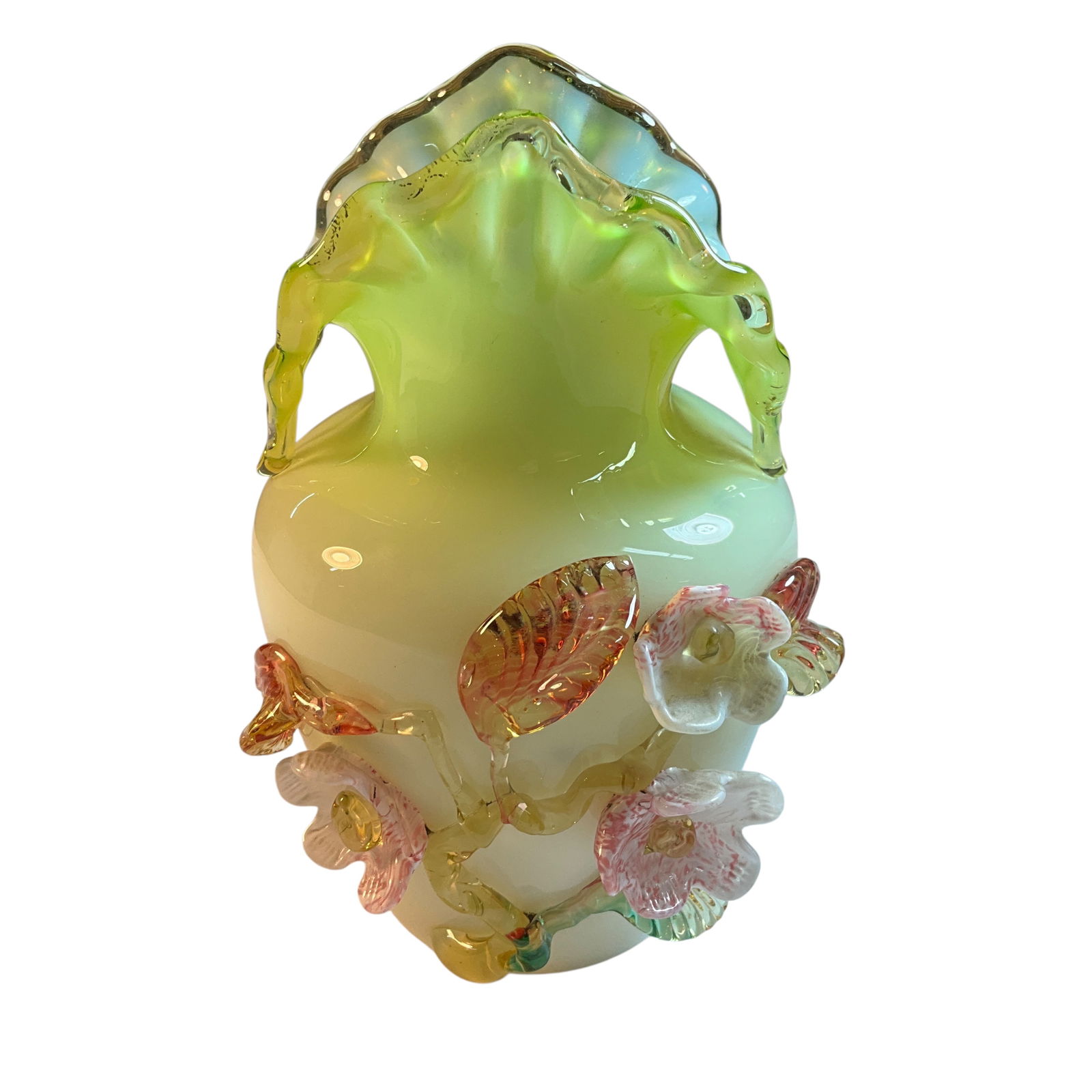 Victorian Stevens & Williams Art Glass Vase: Victorian Stevens & Williams Art Glass Vase. Green cased glass with ruffled rim and applied flowers. No noted damage or repairs.