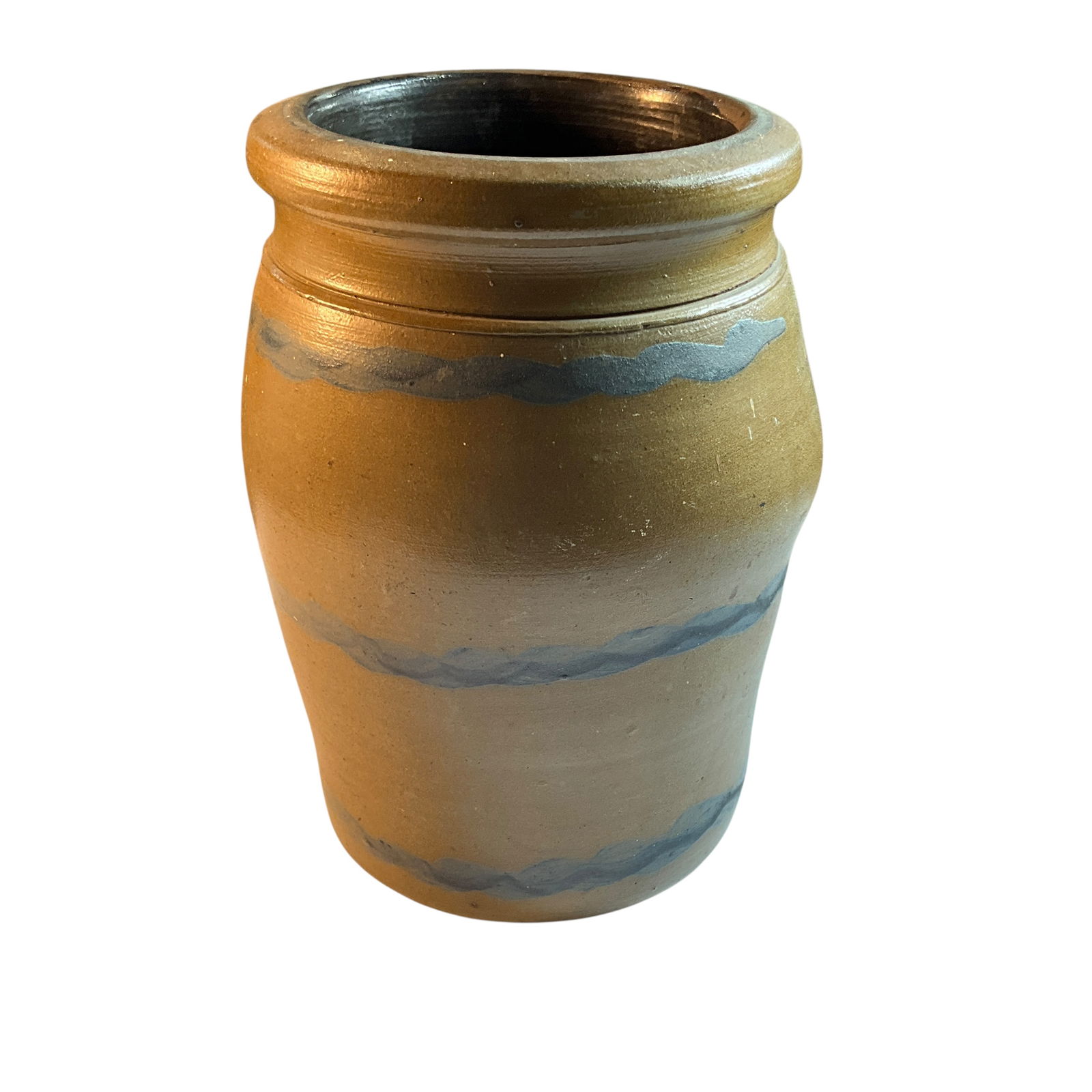 Salt Glazed Crock with Cobalt Stripes: Salt Glazed Crock with Cobalt Stripes. Urn shaped crock with incised neck and cobalt stripes that only run halfway around. Misshapen body, due to a sag before firing. A great old 19th Century crock wi