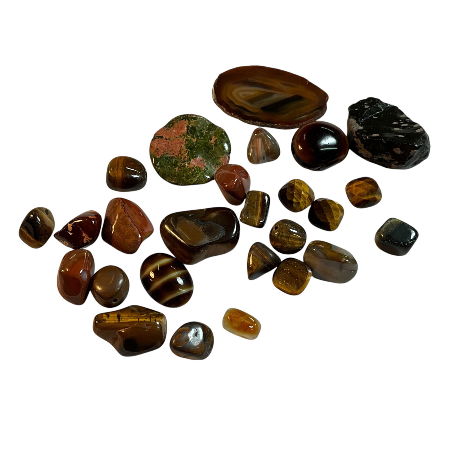 Group of Polished stones for Jewelry making.: Group of Polished stones for Jewelry making. Total of 26 stones- Agates, Tiger's Eyes, Unakite, Snowflake Obsidian, etc. Three are faceted, and some have been drilled for stringing..