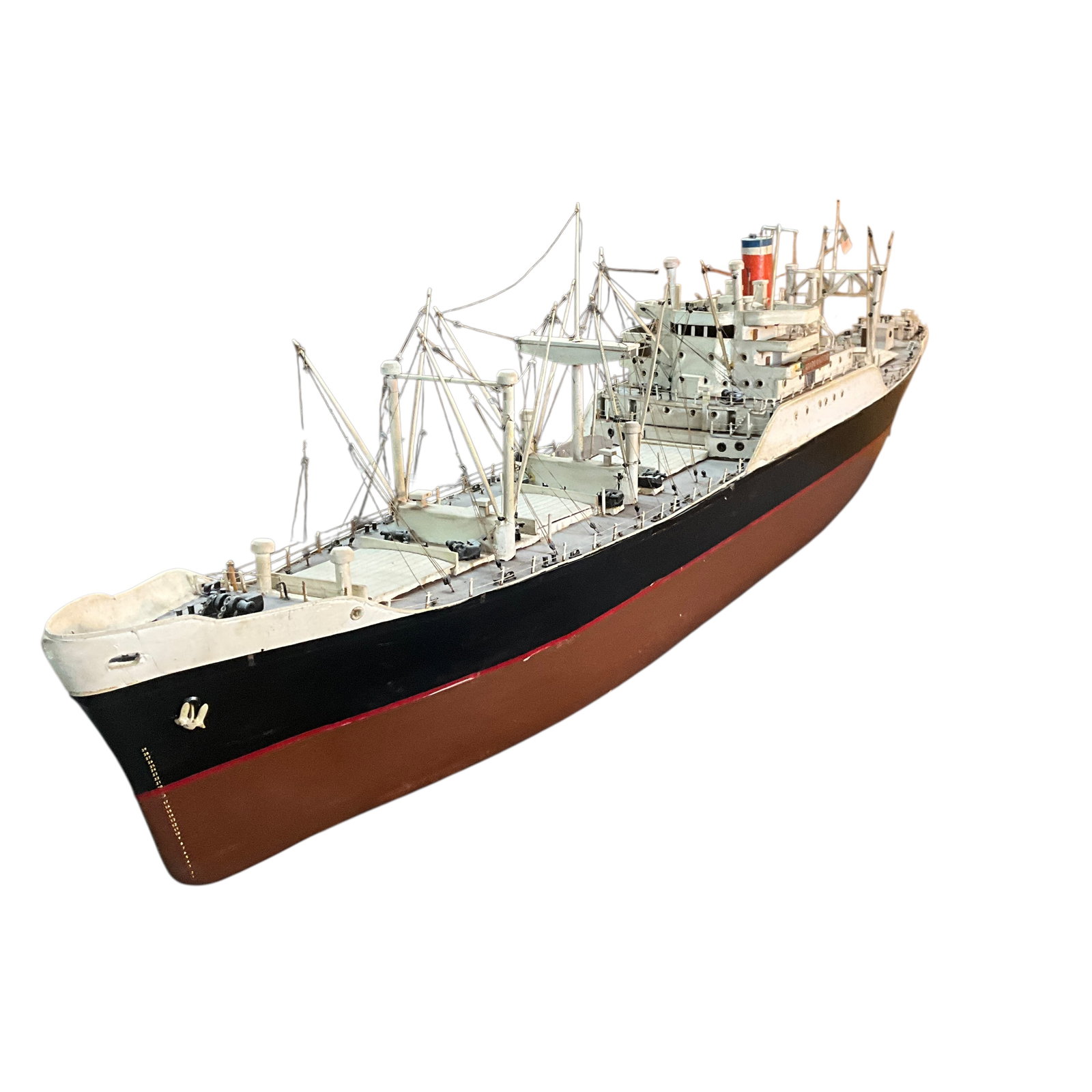 "Larado Victory" Liberty Ship Model: "Larado Victory" Liberty Ship Model. Large scale freighter model, highly detailed and in very good condition. Booms rigging, railings, etc. are all in good condition, with a light scuff or ding here a