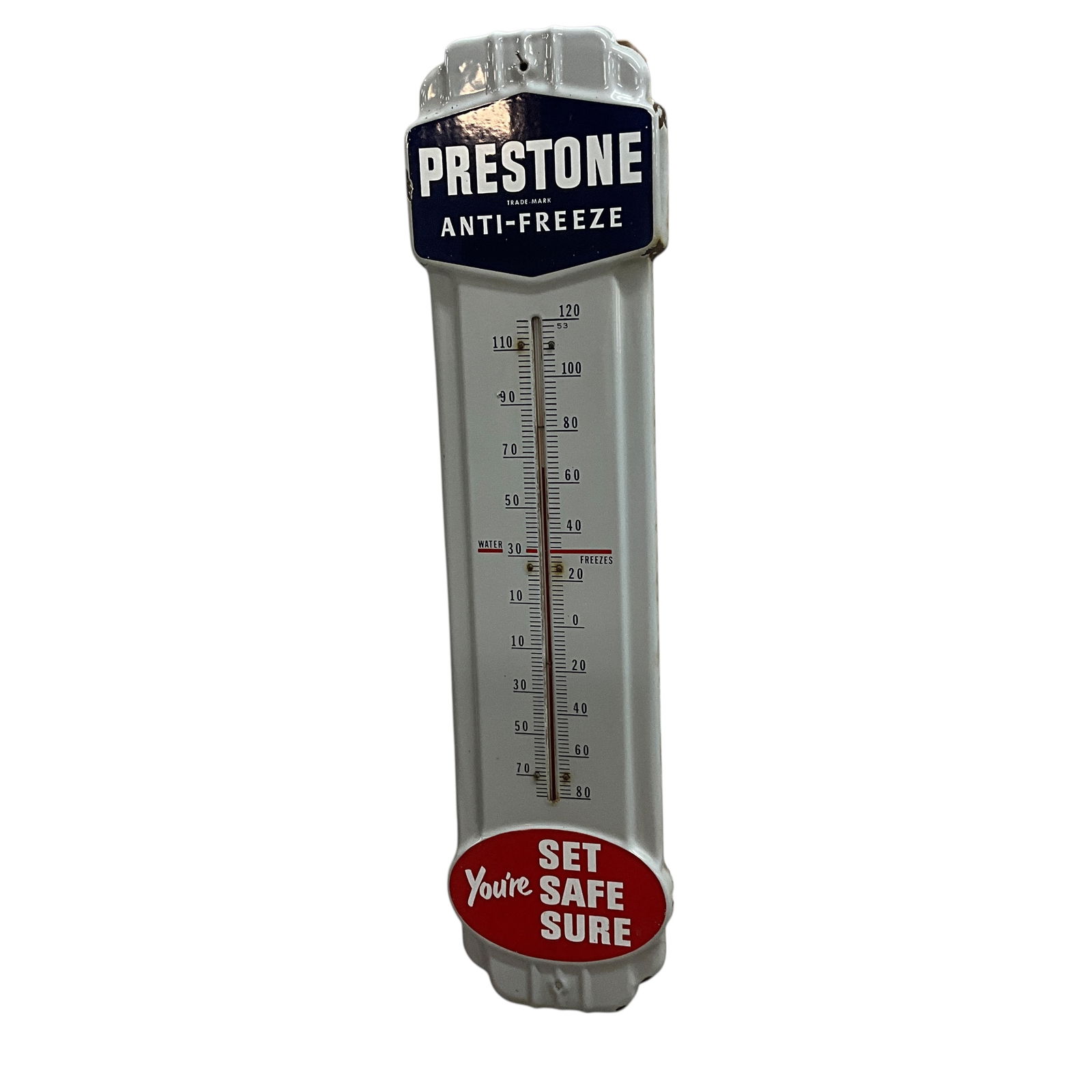 Porcelain Enamel Prestone Advertising Thermometer: Great Porcelain Enamel Prestone Antifreeze Advertising Thermometer. Gray porcelain enamel sign with red, white and blue graphics. Some chipping and light rust, but nothing that impinges on the graphic