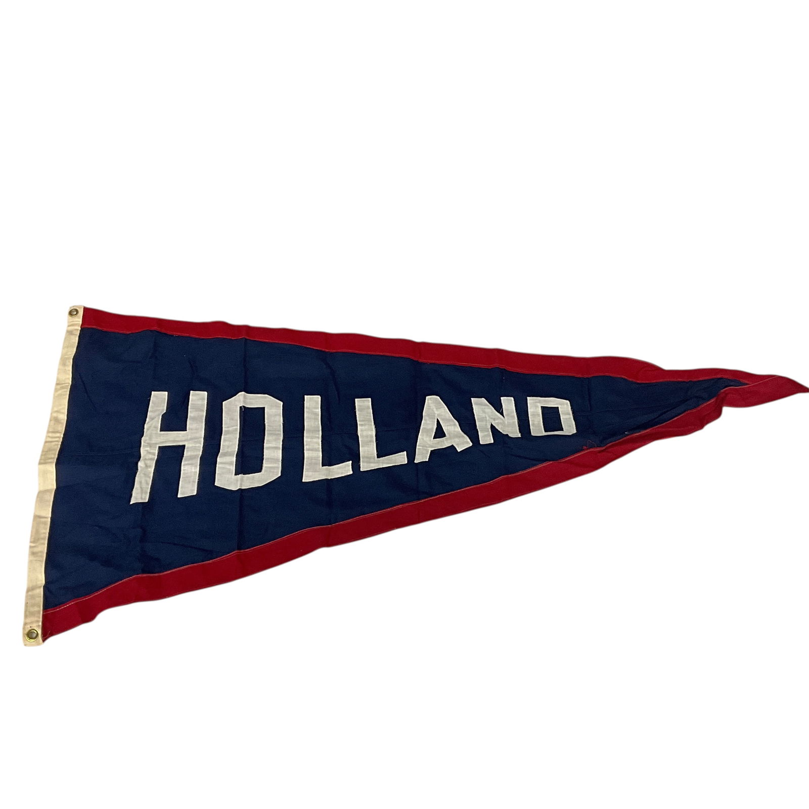 Vintage Holland, Michigan High School Pennant: Vintage Holland, Michigan High School Pennant. Triangular pennant, red border with a navy field and white lettering. Pennant is 24" high and 48" long, and appears unused.