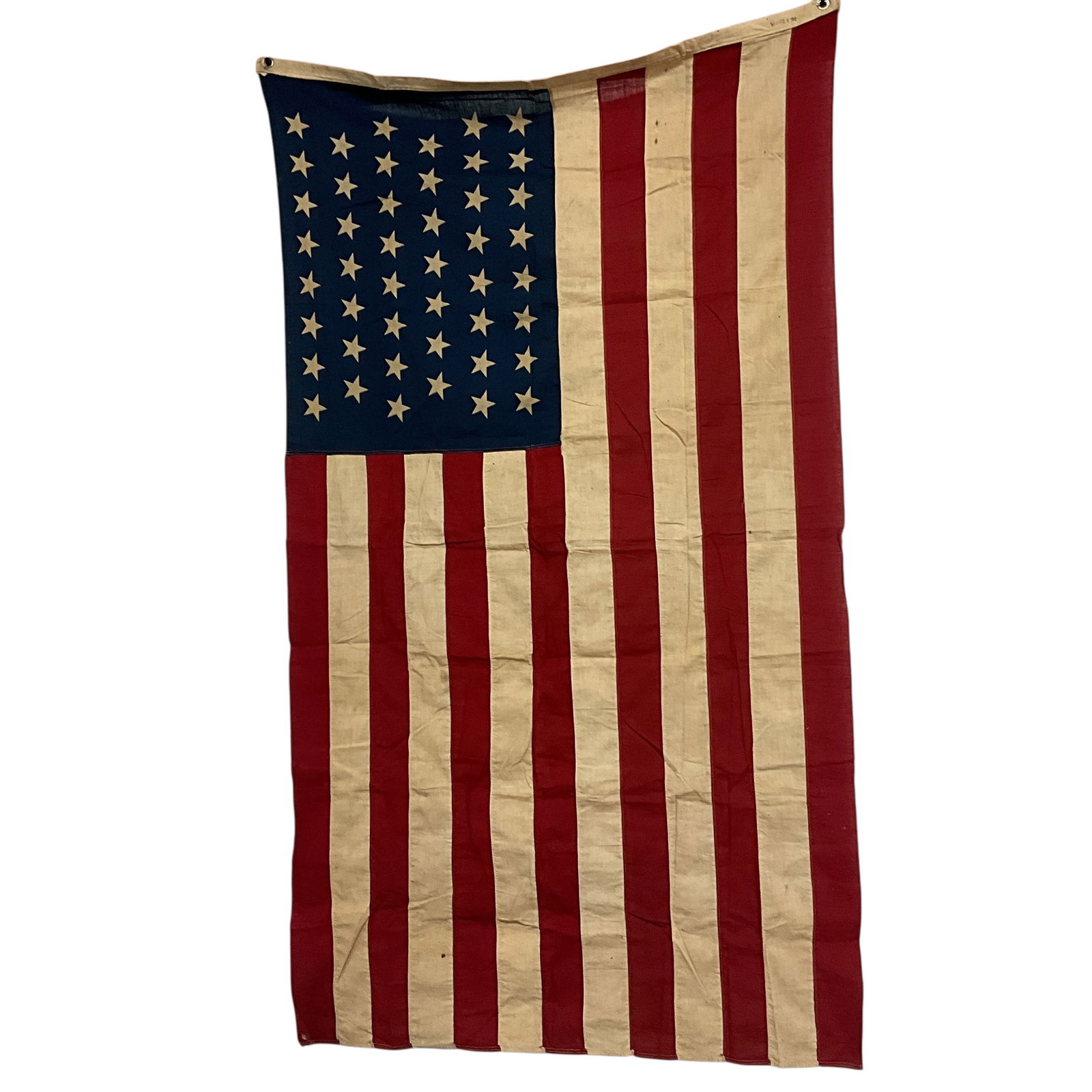 Vintage 46 Star (1908-1912) American Flag: Vintage 46 Star (1908-1912) American Flag, used for only 4 years, between the admission of Oklahoma in 1908, and New Mexico and Arizona in 1912. Has some staining and tack marks in the hoist edge, but