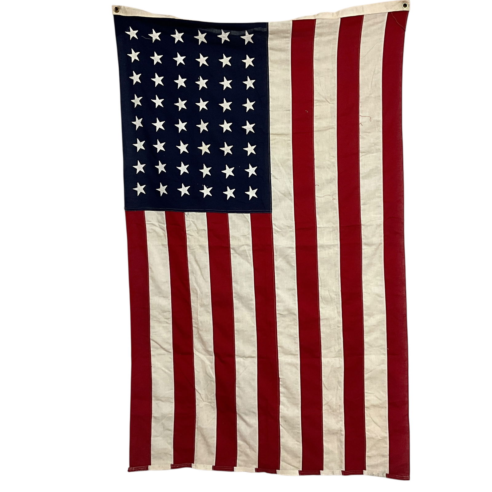 Vintage Large Size 48 Star (1912-1959) American Flag: Vintage Large Size 48 Star (1912-1959) American Flag. Appears to have never been flown much, if at all. Sewn, rather than printed stars. Flag is 43.5" X 70"