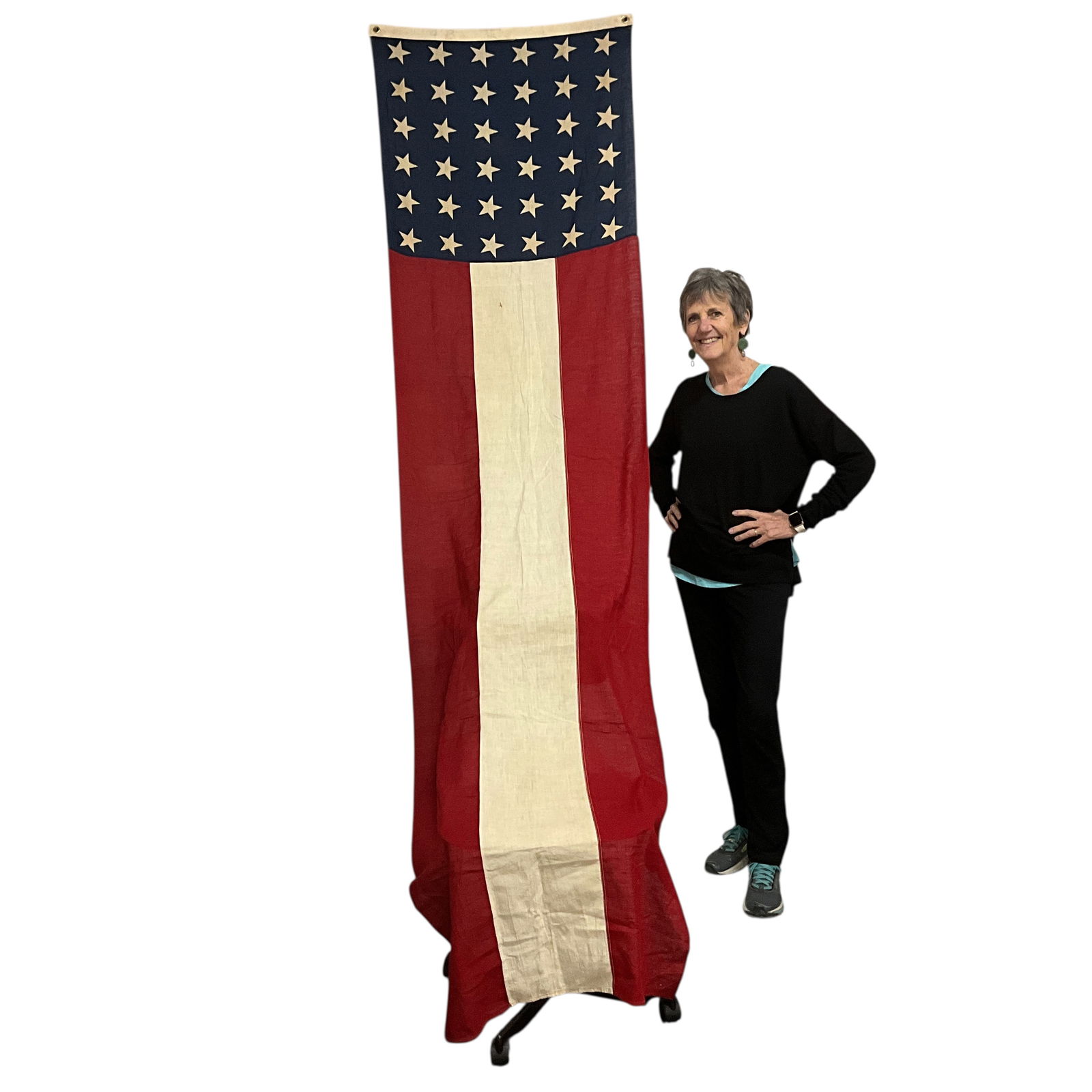 Oversize Patriotic American Flag Banner: Oversize Patriotic American Flag Banner. A flag-like banner, nearly 9 feet long, likely used for a political rally or an Independence Day display for a commercial or public space. At the hoist edge is