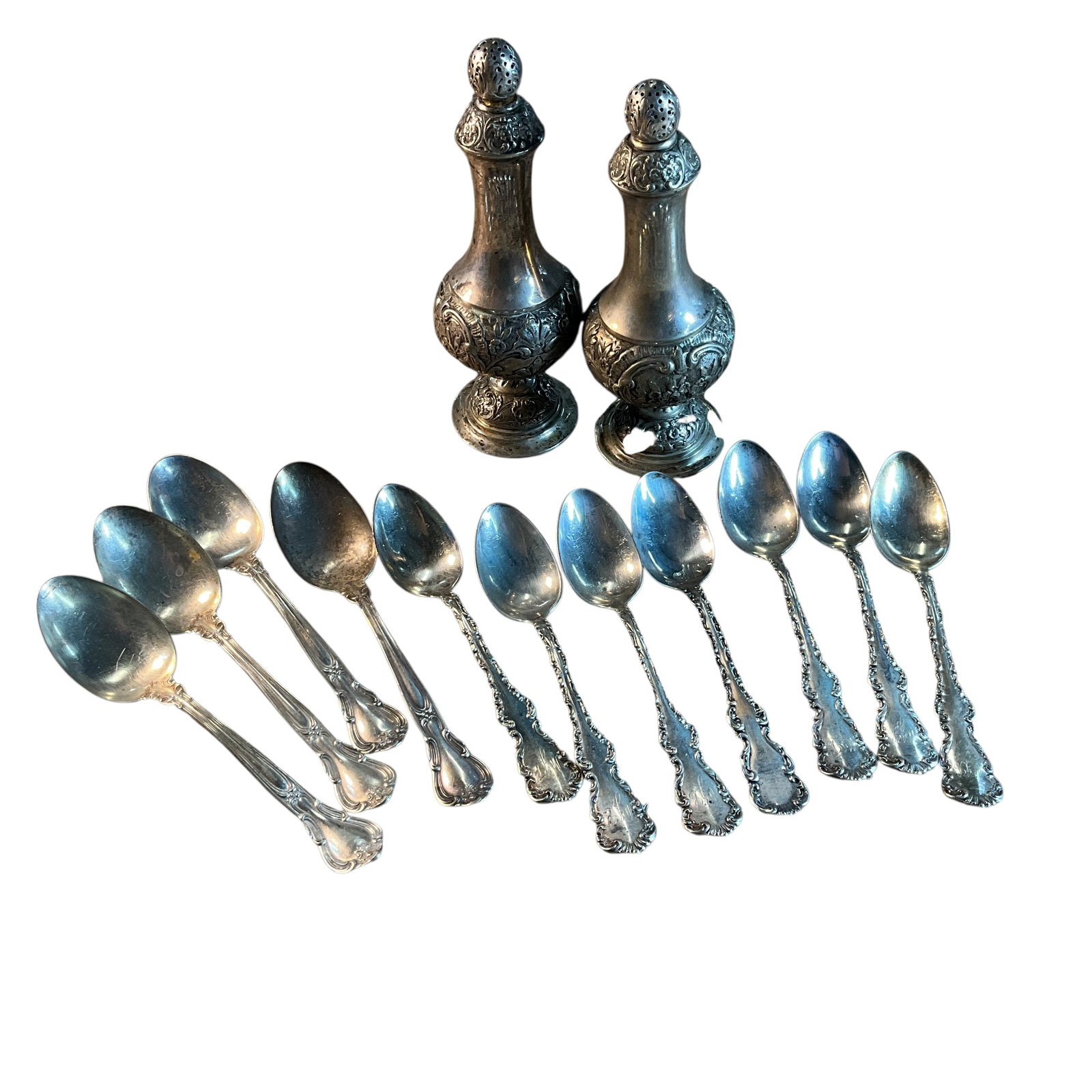 Group of Sterling Spoons & Salt & Pepper: Group of Sterling Spoons & Salt & Pepper. 482 grams total weight