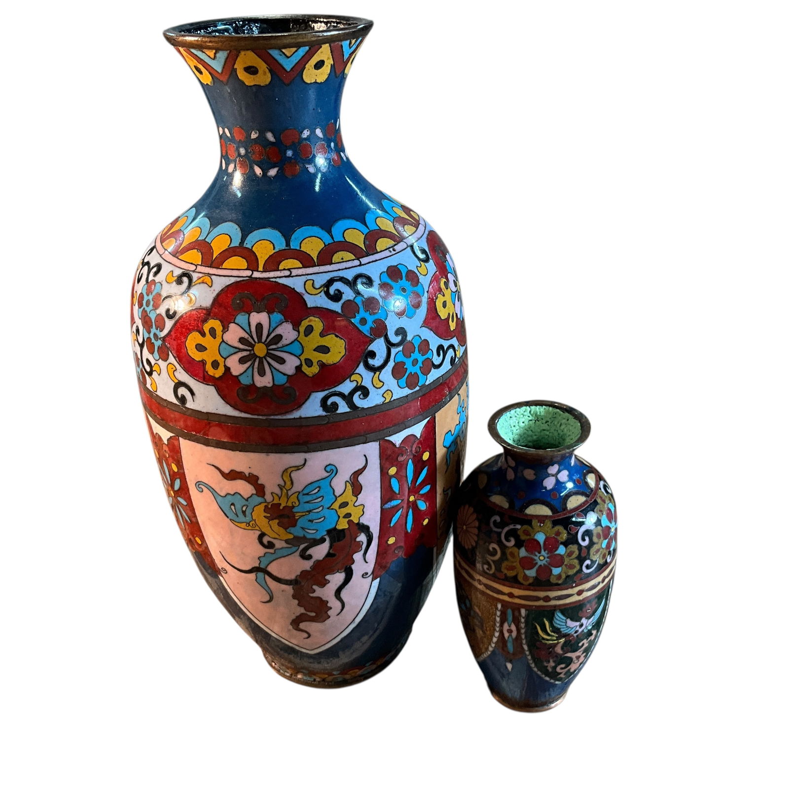 Two Cloisonne Vases: Two Cloisonne Vases- beautiful & colorful examples of cloisonne work- the larger of the two is approx. 9.5" high, and features blue, gold, pink and red enamel. The smaller 4.75" vase is equally detail