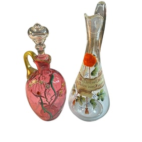 Victorian Enameled Glass Decanter and Hand Painted German Wine Bottle/Decanter
