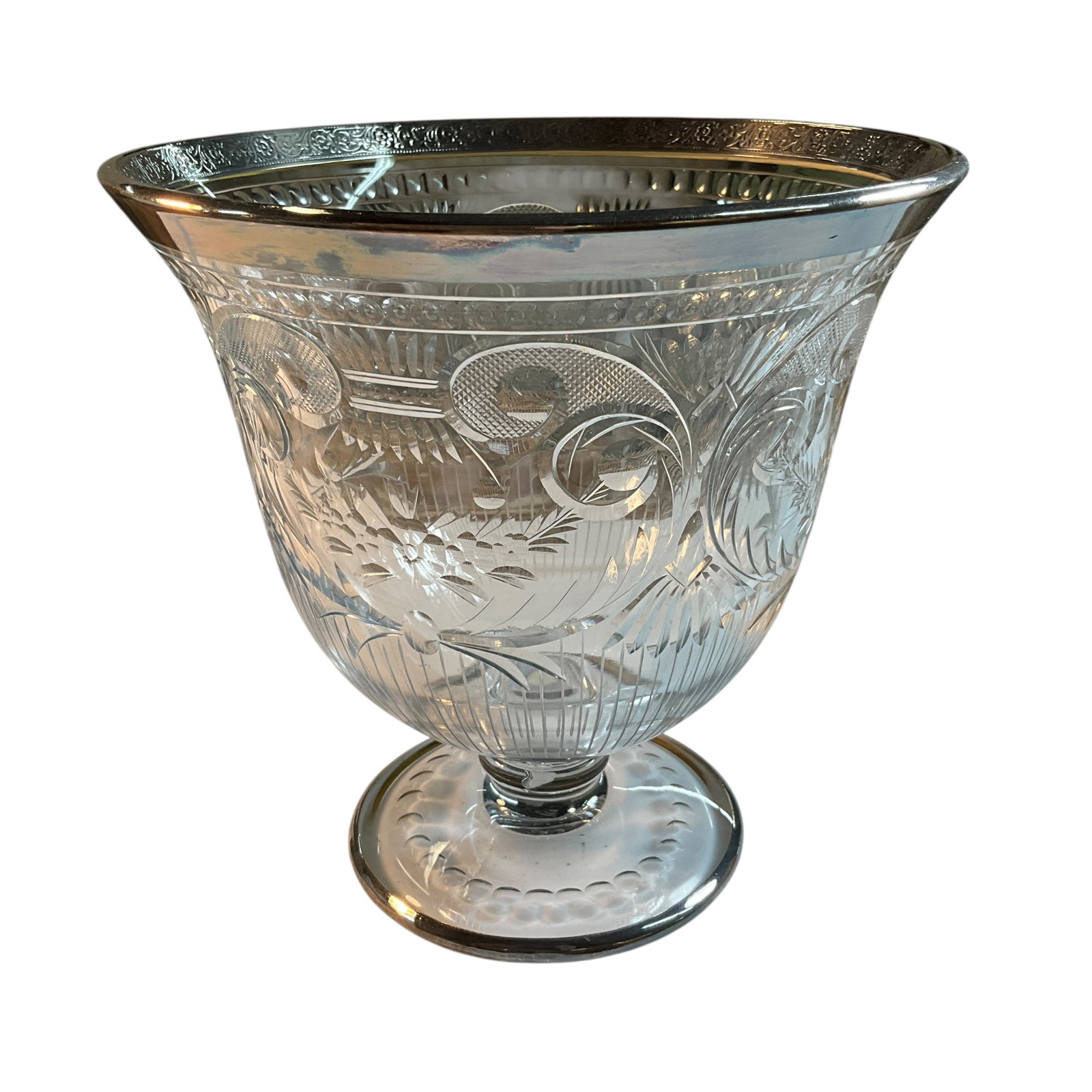 Crystal Bowl with Silver Rim: Crystal Bowl with Silver Rim. Possibly a centerpiece bowl or even an ice bucket. Pattern is variously known as "Prayer Rug," "Good Luck," or "Horseshoe."
