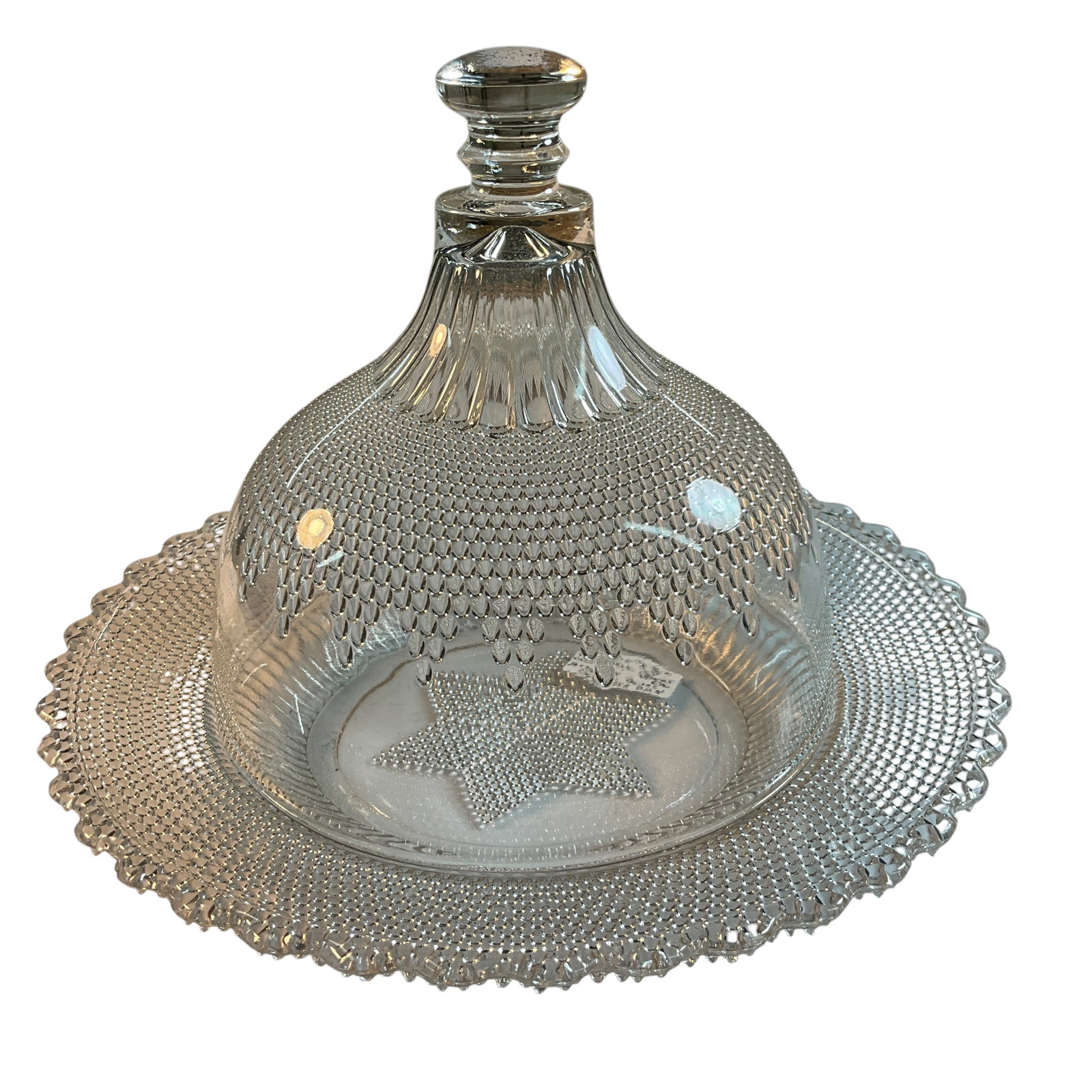 Campbell & Jones Victorian Pattern Glass Cheese Server: Campbell & Jones Victorian Pattern Glass Cheese Server- 1877. Beaded pattern with a great domed lid. Some roughness, tiny chips around rim.