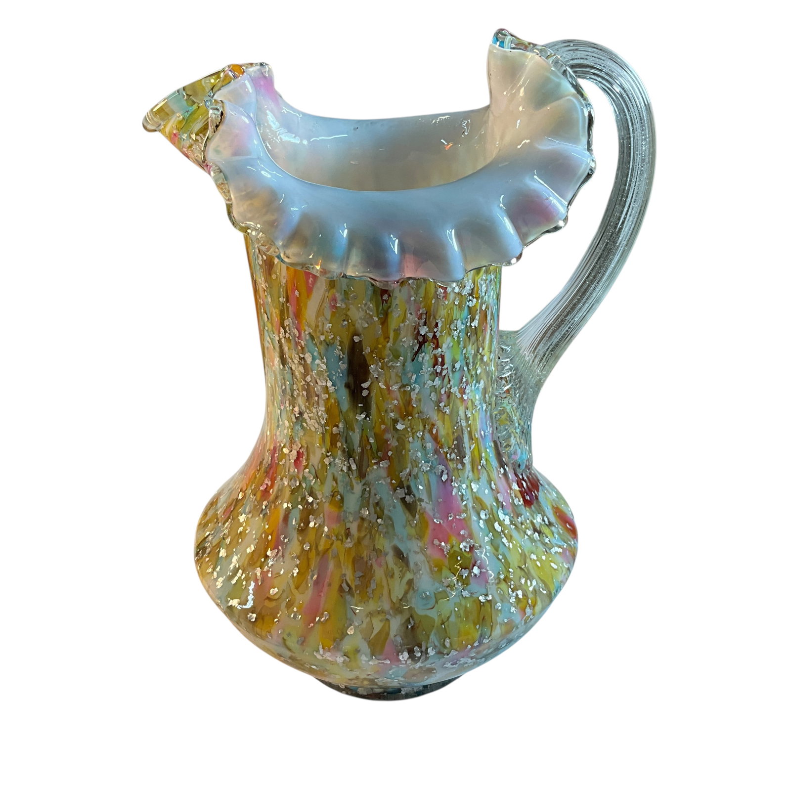Victorian End-of-Day or Confetti Cased Glass Pitcher: Victorian End-of-Day or Confetti Cased Glass Pitcher. Multi-colored glass with silver flecks. Two significant chipson the protruding "Waist" of the pitcher. The ruffled rim is free of any chips. Appli