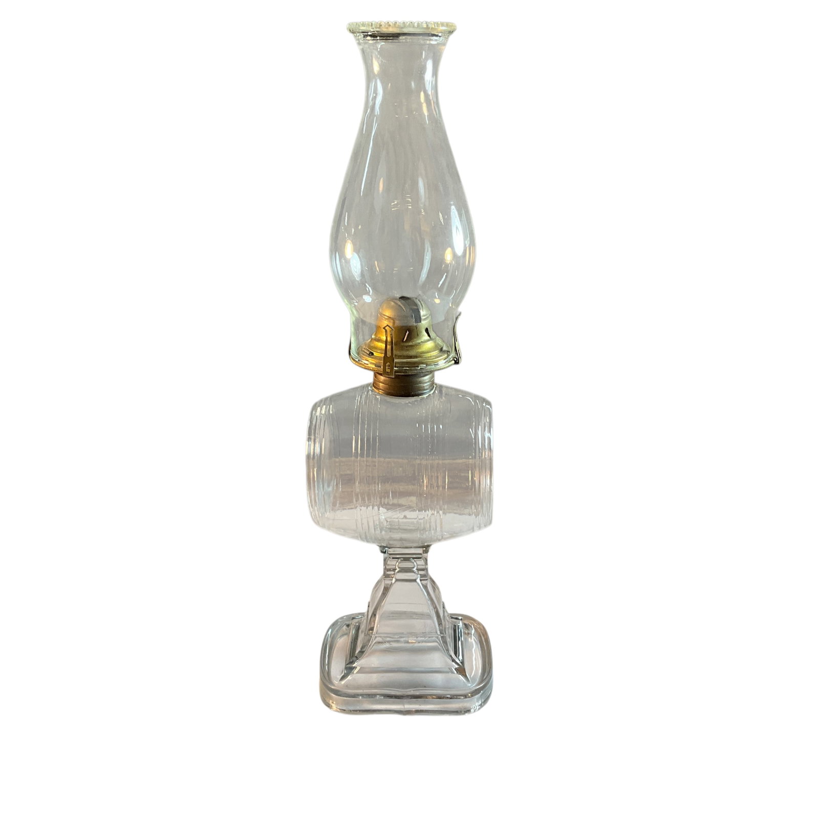 Victorian Barrel Shaped Pattern Glass Oil Lamp: Victorian Barrel Shaped Pattern Glass Oil Lamp. Font is in the shape of a barrel. Clear glass. 19.25" tall with shade.