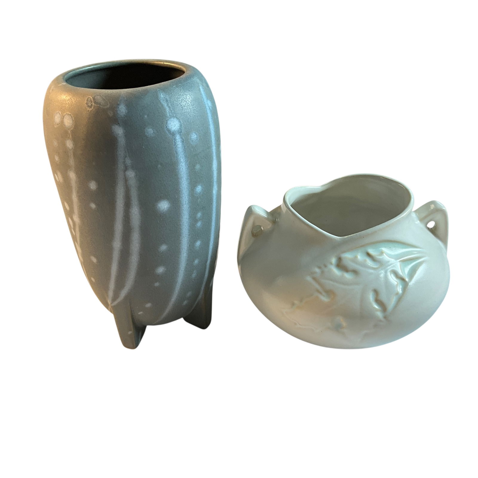 Two Vintage Art Pottery Pieces- Roseville & Brush McCoy: Two Vintage Art Pottery Pieces- Roseville & Brush McCoy. A roseville Silhouette Bowl, 741-4, and a great Brush McCoy Art Deco Kolorkraft Moderne Rocket Vase in a rare gray & white color. The rocket va